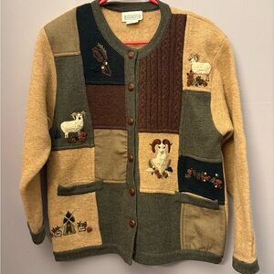 Vintage Emotions 100% wool sheep ram patchwork sweater cardigan Medium cozy